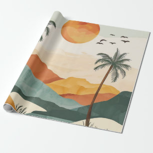 Gouden Oranje Retro Tropische Berg Zonsondergang Cadeaupapier