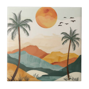 Gouden Oranje Retro Tropische Berg Zonsondergang Tegeltje