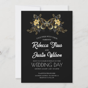 Gouden Orchideeën Bloemen met Vlinder op Zwart Kaart