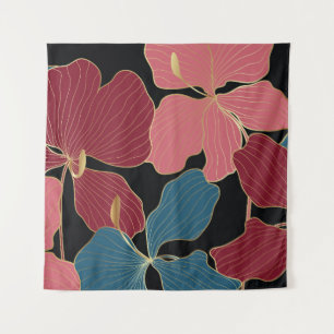 Gouden orchideeën, elegante bloemrijke lijnkunst. wandkleed