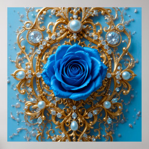 ✨ Gouden ornament blauwe roos parel voor elegante Poster