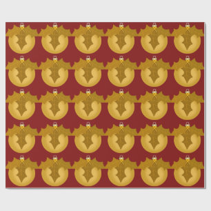 Gouden Ornament en Holly op donkerrood inpakpapier