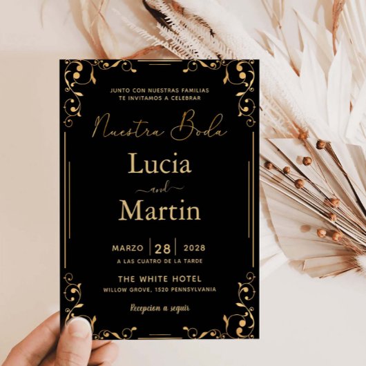 Gouden Ornamenten hoek zwart Spaans Nuestra Boda Kaart