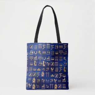 Gouden Oude Egyptische Hiërogliefen op Blauw Tote Bag
