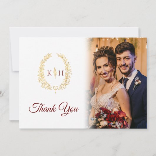 Gouden ovaal laat bordeauxrode trouwfoto QR Code Bedankkaart (Voorkant)