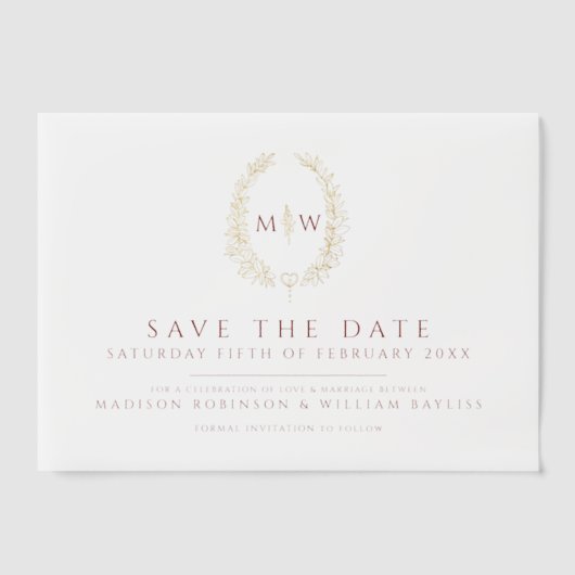 Gouden ovaal monogram donkerrood save the date bru vellum uitnodigingen (Voorkant)