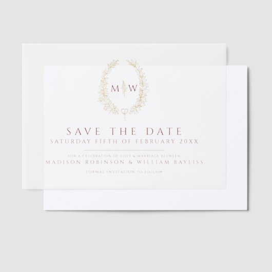 Gouden ovaal monogram donkerrood save the date bru vellum uitnodigingen (Offset)