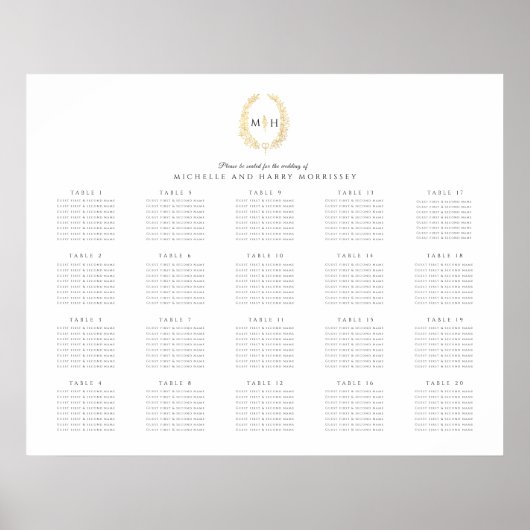 Gouden ovale krans bruiloft 20 tafel zitgrafiek poster (Voorkant)