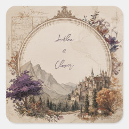Gouden Ovale Lijst Kasteel Berg Fantasie Bruiloft Vierkante Sticker