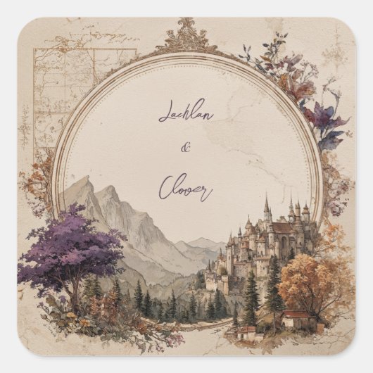 Gouden Ovale Lijst Kasteel Berg Fantasie Bruiloft Vierkante Sticker (Voorkant)