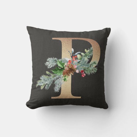 Gouden P-monogram dennenappels en bessen Kerstfami Kussen (Voorkant)