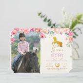 Gouden Paard Met Bloemen Foto Verjaardag Uitnodigi Kaart (Staand voorkant)