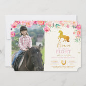 Gouden Paard Met Bloemen Foto Verjaardag Uitnodigi Kaart (Voorkant)