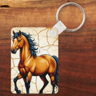 Gouden Paard Met Golvende Zwarte Manen Sleutelhanger