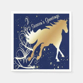Gouden Paard Print op Donkerblauwe Seizoenen Groet Servet