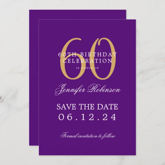 Gouden Paarse 60e verjaardag Opslaan Datum w / Det Kaart (Voorkant / Achterkant)