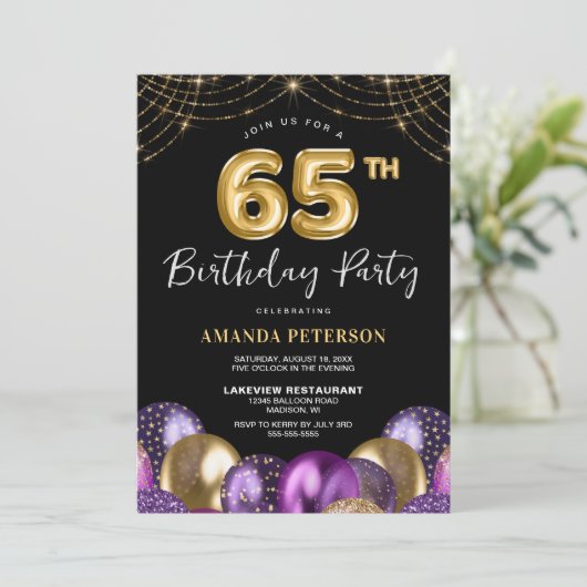 Gouden Paarse 65ste verjaardagsfeest Kaart (Staand voorkant)