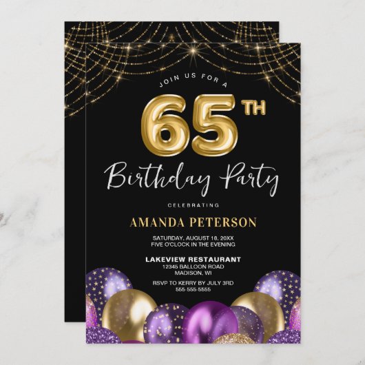 Gouden Paarse 65ste verjaardagsfeest Kaart (Voorkant / Achterkant)