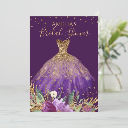 Gouden Paarse Amethist Jurk Vrijgezellenfeest Uitn Kaart (Staand voorkant)