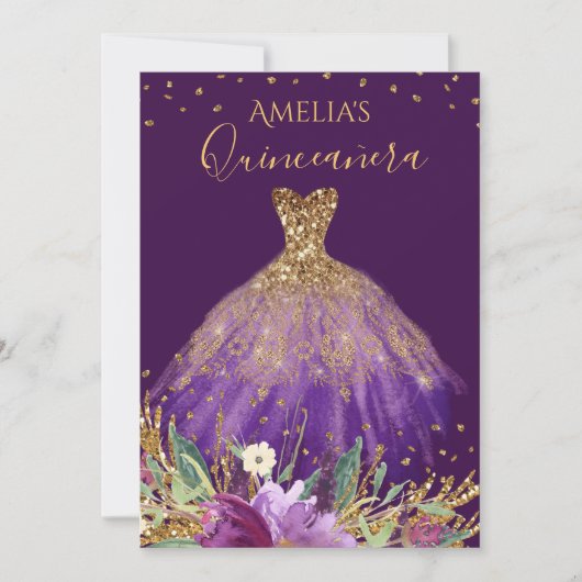 Gouden Paarse Amethyst Jurk Quinceanera Invite Kaart (Voorkant)