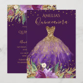 Gouden Paarse Amethyst Jurk Quinceanera Invite Kaart (Voorkant / Achterkant)