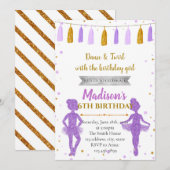 Gouden paarse ballerina feestuitnodiging kaart (Voorkant / Achterkant)