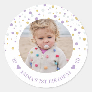 Gouden & Paarse Ballonnen 1e Verjaardagsfeestje Ronde Sticker