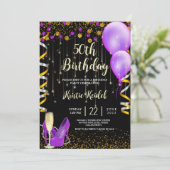 Gouden paarse ballonnen en champagne kaart (Staand voorkant)