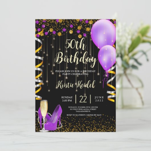 Gouden paarse ballonnen en champagne kaart (Staand voorkant)