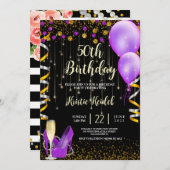 Gouden paarse ballonnen en champagne kaart (Voorkant / Achterkant)