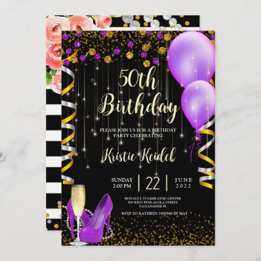 Gouden paarse ballonnen en champagne kaart (Voorkant / Achterkant)