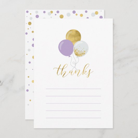 Gouden & Paarse ballonnen | Partij Dank u Nota Kaa Bedankkaart (Voorkant / Achterkant)