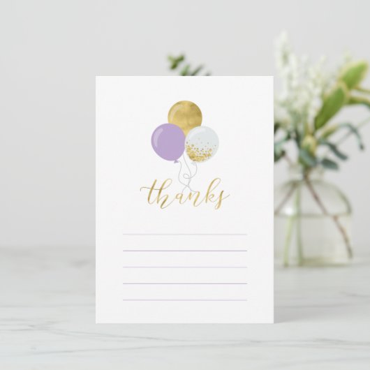 Gouden & Paarse ballonnen | Partij Dank u Nota Kaa Bedankkaart (Staand voorkant)