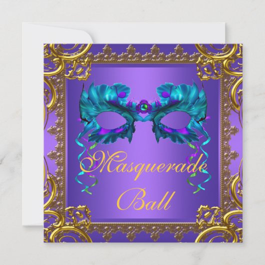 Gouden Paarse Blauwgroen Blue Mask Masquerade Ball Kaart (Voorkant)