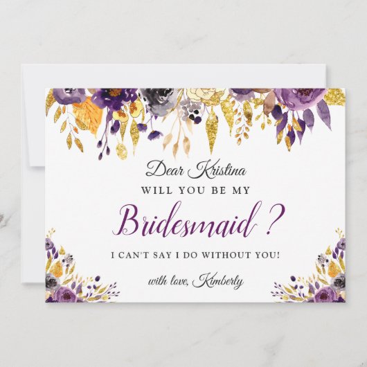 Gouden Paarse Bloem Wil Je Mijn Bruidsmeisje Zijn? Kaart (Voorkant)