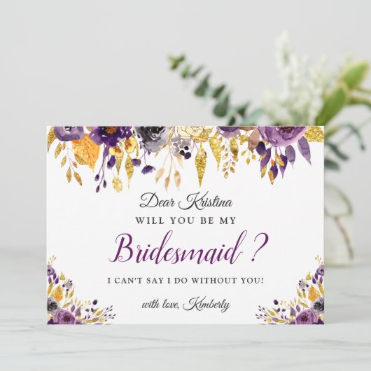 Gouden Paarse Bloem Wil Je Mijn Bruidsmeisje Zijn? Kaart (Staand voorkant)