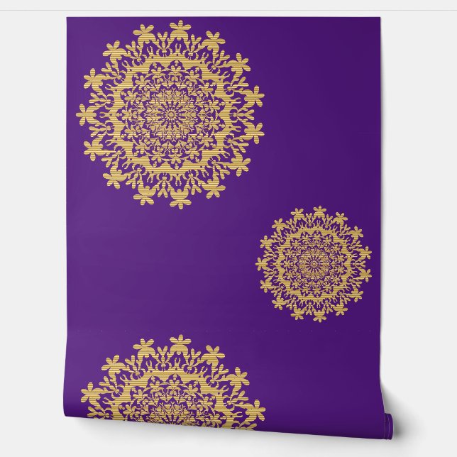Gouden paarse Bloemen Abstract Mandala Behang (Afrollen)