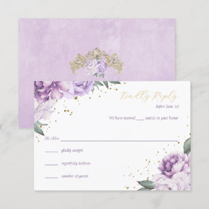 Gouden Paarse Bloemen Quinceañera Verjaardag RSVP Kaart