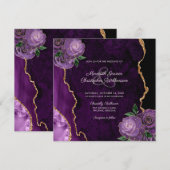Gouden Paarse Bloemen Roos Agaat bruiloft uitnodig (Voorkant / Achterkant)