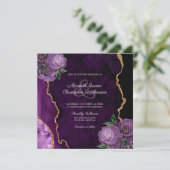 Gouden Paarse Bloemen Roos Agaat bruiloft uitnodig (Staand voorkant)