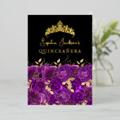Gouden Paarse Bloemen Roos Quinceanera Folie Uitnodiging (Staand Voorkant)