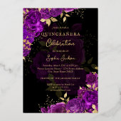 Gouden Paarse Bloemen Roos Quinceanera Folie Uitnodiging (Achterkant)