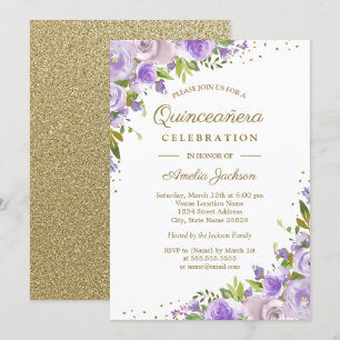 Gouden Paarse Bloemige Aquarel Quinceanera Uitnodi Kaart