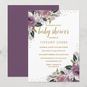 Gouden paarse bloemige waterverf baby shower uitno kaart