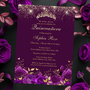 Gouden Paarse Bloemvlinder Tiara Quinceanera Folie Uitnodiging