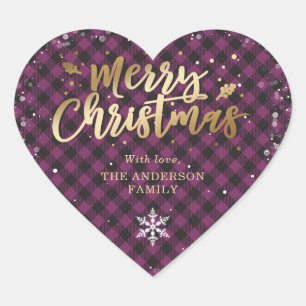 Gouden Paarse Buffel Plaid Sneeuwvlok Kerstmis Hart Sticker