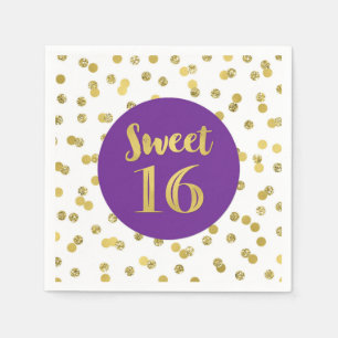 Gouden Paarse Confetti Sweet 16 Verjaardag Servet
