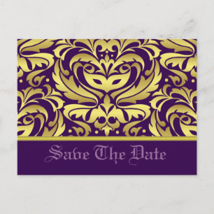 Gouden & Paarse Damask Scroll Save The Date Briefk Aankondigingskaart