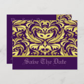 Gouden & Paarse Damask Scroll Save The Date Briefk Aankondigingskaart (Voorkant / Achterkant)