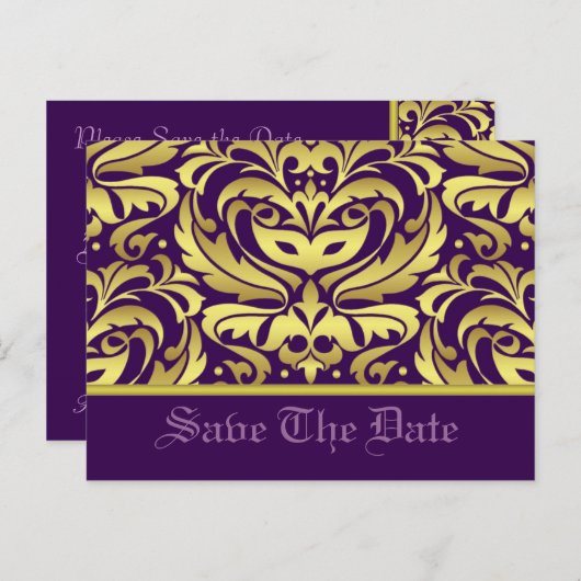 Gouden & Paarse Damask Scroll Save The Date Briefk Aankondigingskaart (Voorkant / Achterkant)